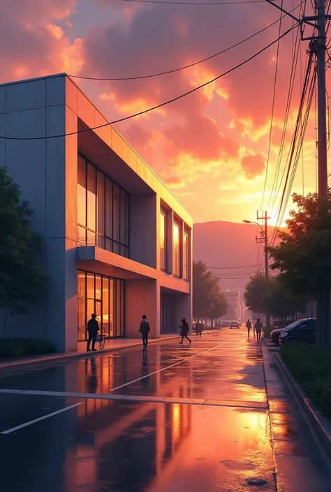 Big 
Graphic design studio in city street ,with grenaey hill background, orange evening sky rainy water on road anime