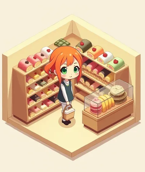 (masterpiece:1.2, Highest quality,Ultra-high resolution,Super detailed),8k,(wallpaper),(Photorealistic:2.0),(Best illustrations:2.0),(Cute misty Berry Short,Orange Hair, one side up hair ,Big green eyes,Small breasts,Skinny, chibi buying at a cake shop:2.0...