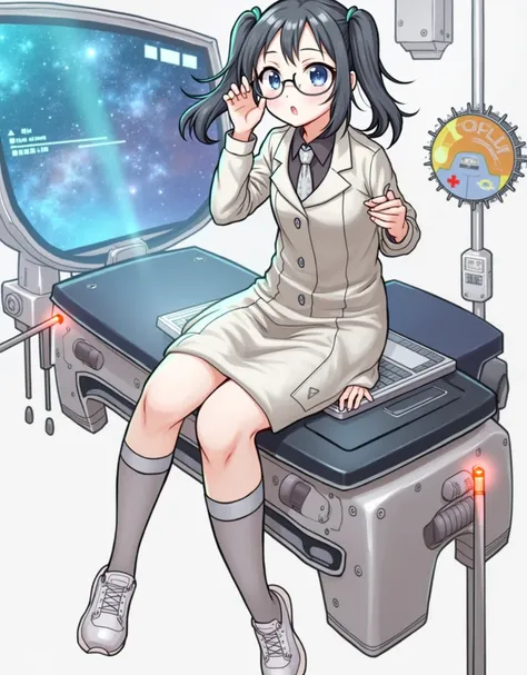 anime girl wearing glasses with ponytails sitting on machine with laptop and space in background, (ponytail forehead hair pulled back:1.3), (black hair:1.3), anime girl of the future, alchemist girl, labcoat, portrait anime space cadet girl,anime style, fr...