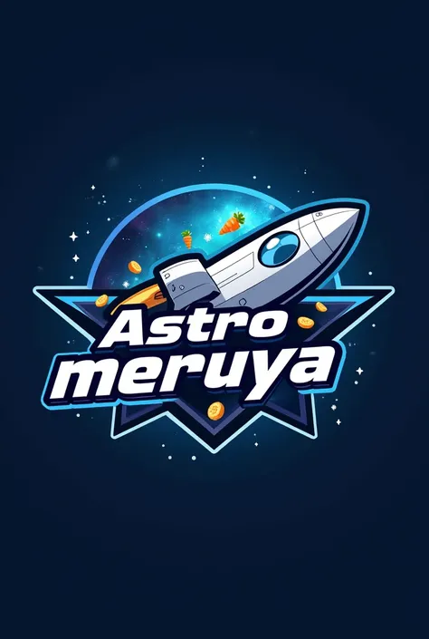 "Design a modern and dynamic team logo for a team named Astro Meruya. The logo should feature a space theme, with a bold and futuristic design. Include elements like a milk, cheese, carrot, or stumps subtly integrated into the design. The color scheme shou...