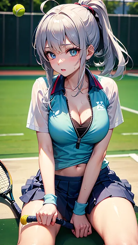 (masterpiece、Highest quality、))、beautiful detailed eyes 、ultra-detailed、 , Gray Hair、Ahoge、Long Hair, Blue eyes、ponytail 、big breasts、blurry background、bashful、pinup, play tennis, (swing tennis racket:1.1), wear tennis uniform, in Tennis court, (moving:1.2...