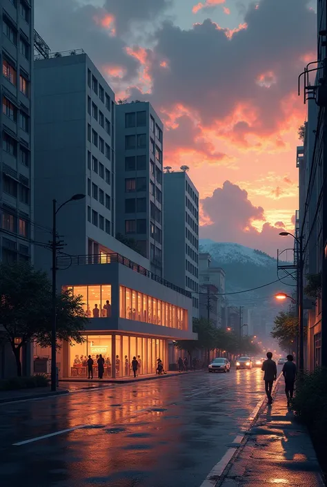 Big 
Graphic design studio in city street ,with grenaey hill background, orange evening sky rainy water on road anime in India
