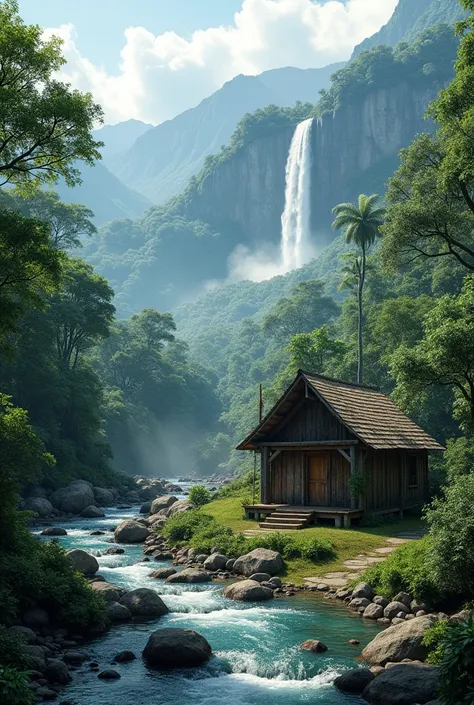 Photorealism 1.2 high definition 8k realistic realism hut at river bank rainforest mountain from above bird eyes view river stream rock on river bird bypass very clear waterfall