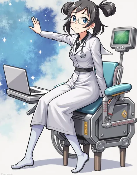 anime girl wearing glasses with ponytails sitting on machine with laptop and space in background, (ponytail forehead hair pulled back:1.3), (black hair:1.3), anime girl of the future, alchemist girl, labcoat, portrait anime space cadet girl,anime style, fr...