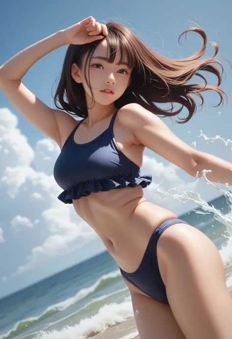 、Japanese Girl、Playing with the waves in a swimsuit at the beach