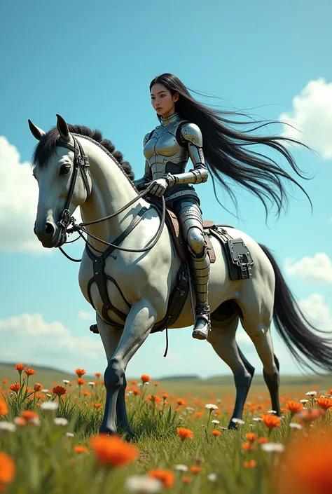 Hyper Realistic Photo Of Hero cyborg half human half machine with head of beautiful korean woman long hair on the top of her Machine horse walking through green lush savanna and flowery with blue sky resemble horizon zero dawn world