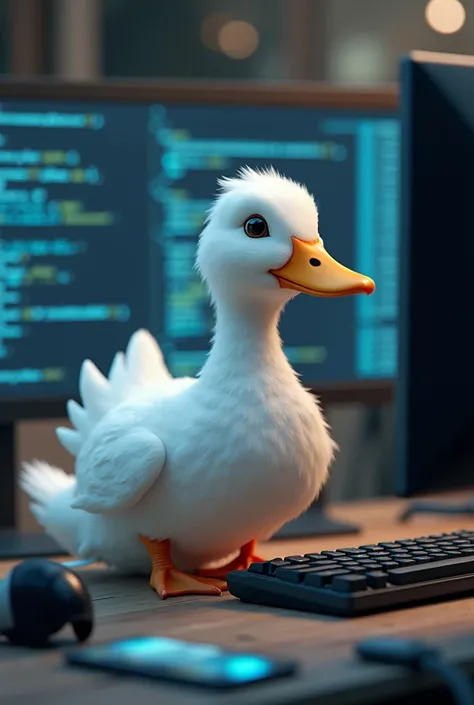 duck programming more realistically so that you can see a piece of code on the screen but also with the duck being white without glasses 