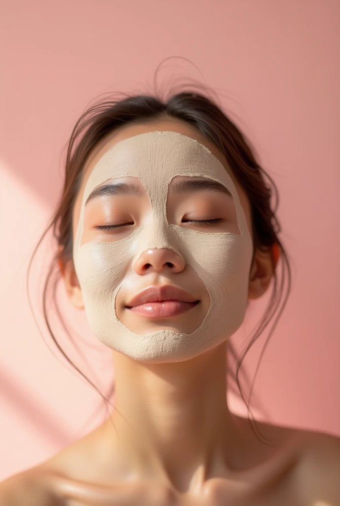 Creative and aesthetic Shoot  with pink or white background of female model with applied rice mud face mask