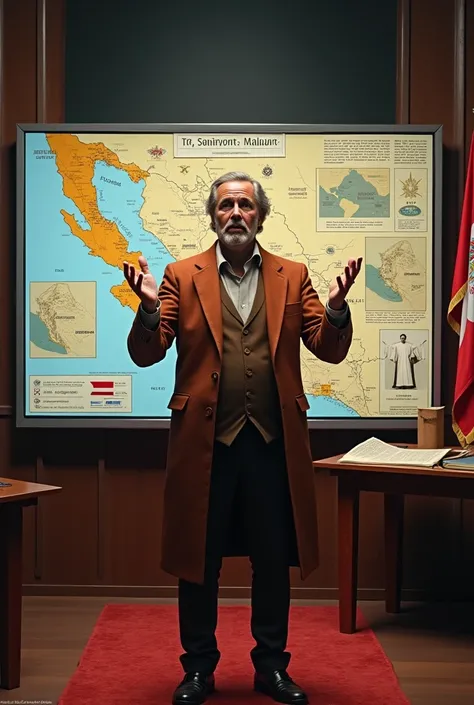 It is in a studio that combines historical elements with current technology.: Behind him, You see a large screen with graphics, Maps and flags of Peru illustrating the independence of the north. San Martin is in the middle of a passionate explanation, with...