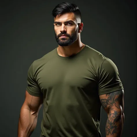 Young white man rugby, 1, military haircut, black hair, intense green eyes fixed, intense gaze, affiliated features, semi long beards, height 66", weight 72 kg, a bit fat, normal shaped body, green t-shirt, sleeve tattoo in the arm, full body focus, visibl...