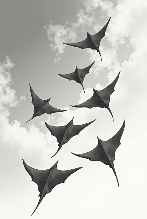 Sky with clouds and stingrays black and white realistic tattoo style 
