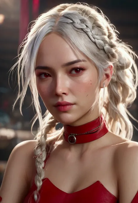 ((Masterpiece, Best Quality, Highest Image Quality, High Resolution, Photorealism, RAW Photos, 8k)), A female game character, 3d Graphics, upper body, long white hair, single braid, off-shoulders, red dress, grunge fashion, long sleeves, torn clothes, chok...