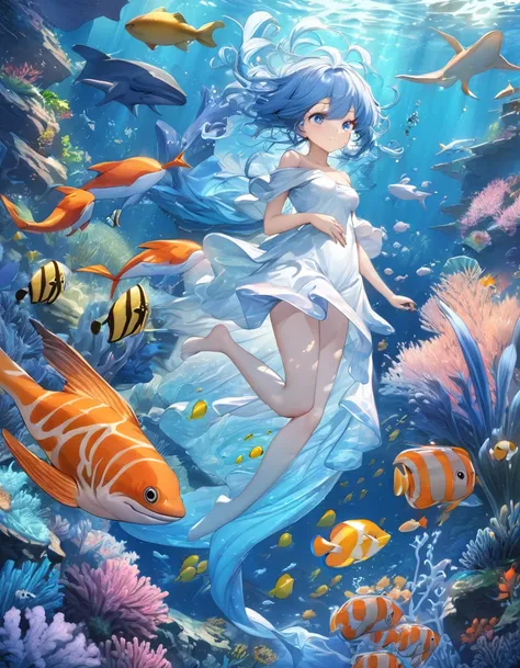 Highest quality、masterpiece、Very detailed、Finely detailed、High resolution、8k wallpaper、Fine and beautiful eyes、 girl with blue hair、A myriad of marine life in the background、Mysterious underwater、A gentle smile、whole body、Feeling like you&#39;re floating g...