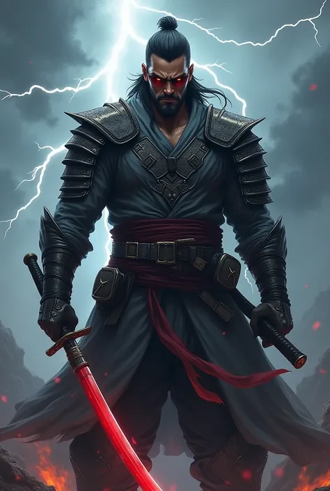 A brown-skinned man swordsman with a red katana with lightning bolts and gray armor with shades of black

