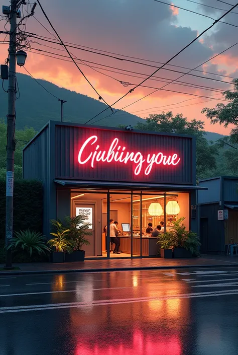 Big 
Graphic design studio in city street with studio name board
 ,with grenaey hill background, orange evening sky rainy water on road anime in India
