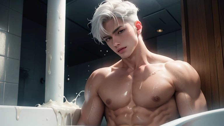 A young boy with white hair，fair skin，handsome，The triangle briefs are wet, so I took half of them off.，裸上半身Soaked in milk，Showing six-pack abs and chest muscles with water droplets on them，Soaked in milk，纖細長腿Soaked in milk，The bottom highlight is very lar...