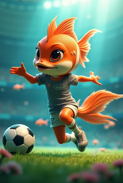 Olympic mascot that is an adult female fish wearing a soccer jersey and playing 