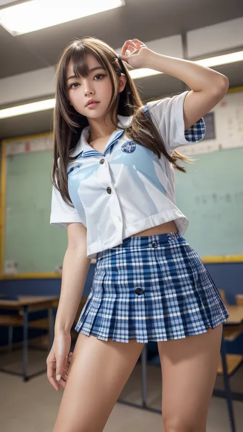 Product quality,1 girl,((Shooting from below:1.4)),((Thigh Emphasis:1.4)),Young and cute Japan,Daytime, ((High school classroom:1.2)),White short sleeve shirt,Schoolgirl uniform,blazer, ((Ultra-short checkered blue micro mini skirt:1.5)),No underwear,Very ...