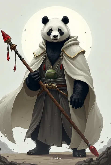 Panda Black Beard Simple Chinese Clothing、White Cape、Inside is a green gourd、
The tip of the spear is set with a ruby.