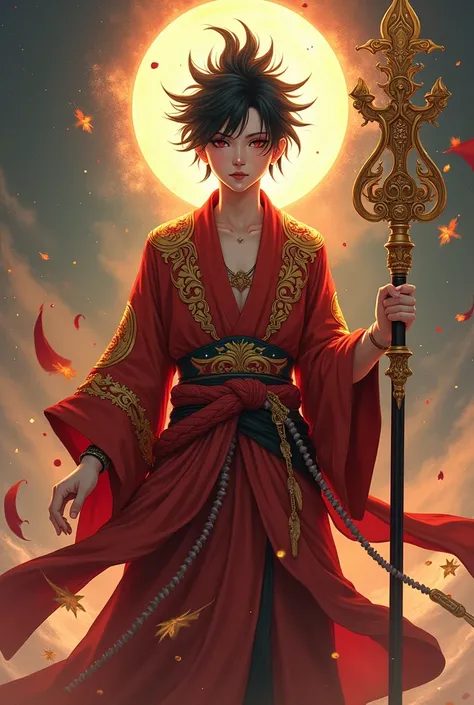 Text saying "Rebellious Buddha", Title saying "Rebellious Buddha", Rebellious Buddha,teenage adult, majestic, luxurious clothing, staff, anime, novel cover