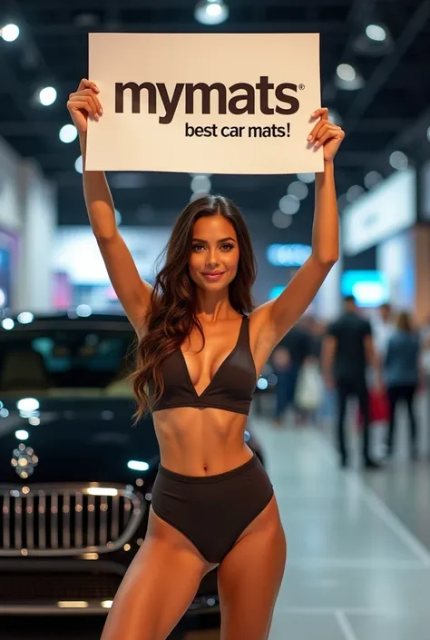 A hyper-realistic full-body portrait of a beautiful Latina woman with a warm, sun-kissed complexion. She has almond-shaped brown eyes and is standing confidently at a large, prestigious auto show, next to a luxury business-class car. She is dressed in a st...