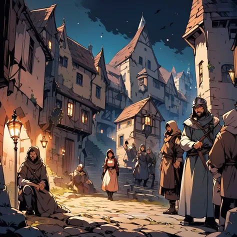 Medieval Europe，at night，An assassin in night clothes，Lurking behind a noble man。Mid-ground composition，Game illustration style。