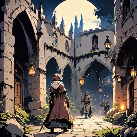 Medieval Europe，at night，An assassin in night clothes，Lurking behind a noble man。Mid-ground composition，Game illustration style。