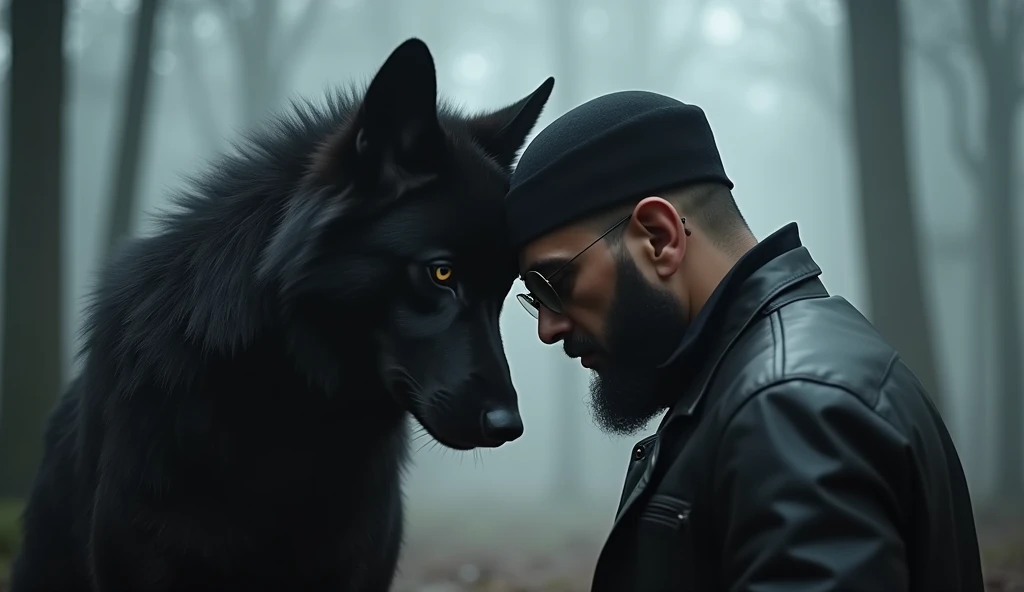 a solitary man of arabic heritage, bearded face, black cap, black leather jacket, dark sunglasses, resting forehead against majestic black wolf, ethereal forest, mysterious ethereal light, elongated shadows, minimalist masterpiece, muted palette of black, ...