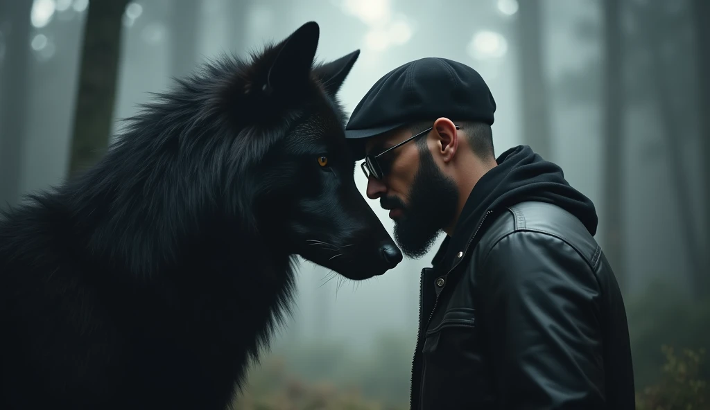 a solitary man of arabic heritage, bearded face, black cap, black leather jacket, dark sunglasses, resting forehead against majestic black wolf, ethereal forest, mysterious ethereal light, elongated shadows, minimalist masterpiece, muted palette of black, ...