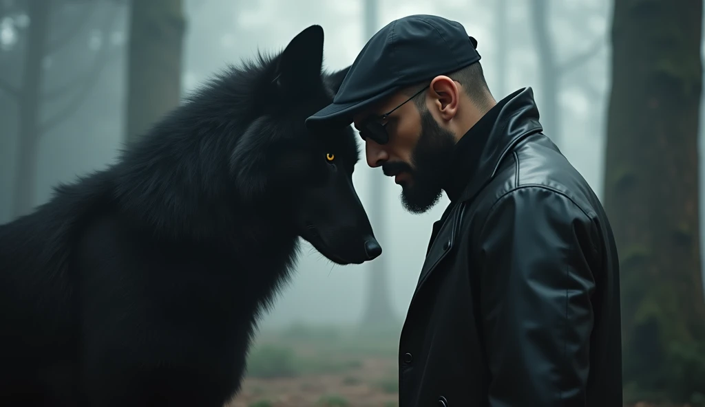 a solitary man of arabic heritage, bearded face, black cap, black leather jacket, dark sunglasses, resting forehead against majestic black wolf, ethereal forest, mysterious ethereal light, elongated shadows, minimalist masterpiece, muted palette of black, ...