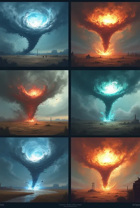 Can you make me an image with a tornado sprite that shows 6 tornadoes in an image that have a sequence for a video game simulating what is happening in a tornado? 