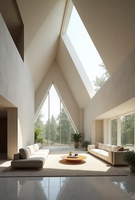 A large living room with block walls and a triangular ceiling seen from the outside 