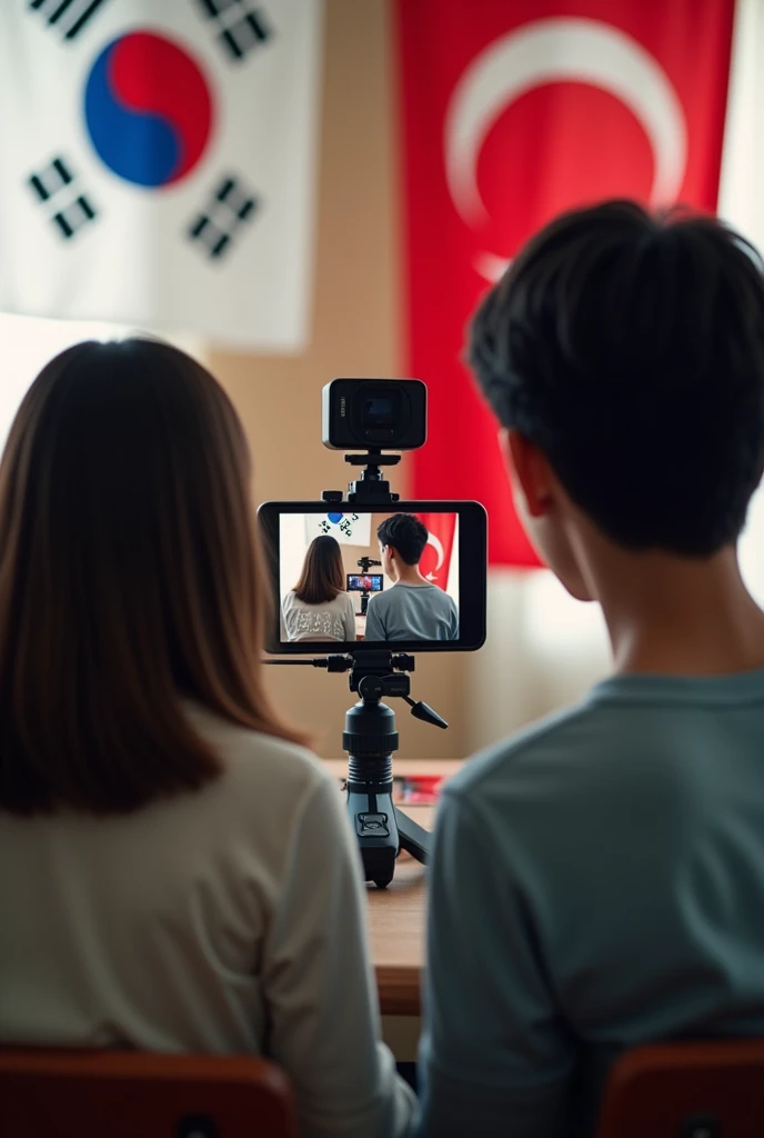 Girl and boy are vlogging. A picture taken from the back. No faces are used. Korean and turkish flag can be used. Girl had middle straight hair boy has short black straight hair