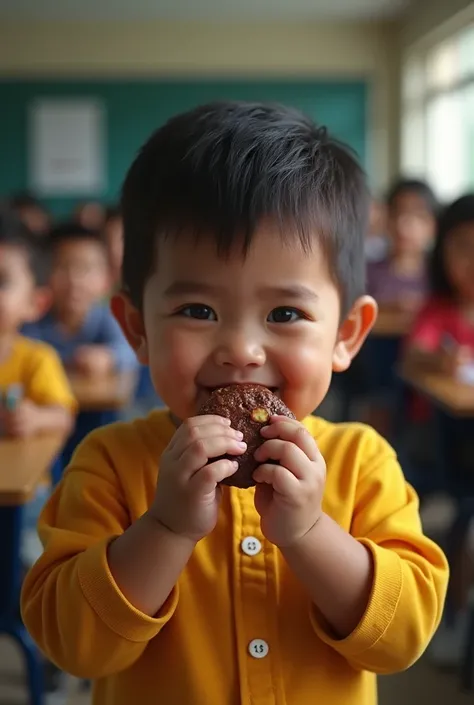 (photorealism:1.2),Child eating chocotejas, background in a school