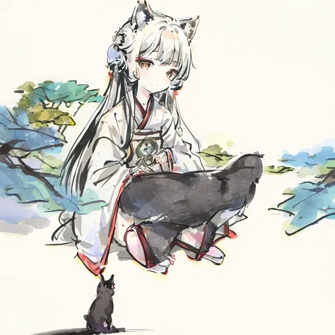 Animated character lying on the floor，There is a cat in the background, anime girl squatting, Meow, Anime catsgirl, white cat girl, cute Anime catsgirl, From Girls Frontline, White fox, Highest rated on pixiv, Nekomimi, Popularity on pixiv, Anime cats, The...