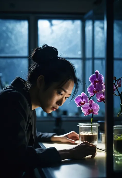  Genius Botanist beauty Misaki Sato, 28, Japanese, long black hair in messy bun, focused expression, examining mysterious iridescent orchid under microscope in dimly lit research lab, moonlight streaming through large windows, casting long shadows, state-o...