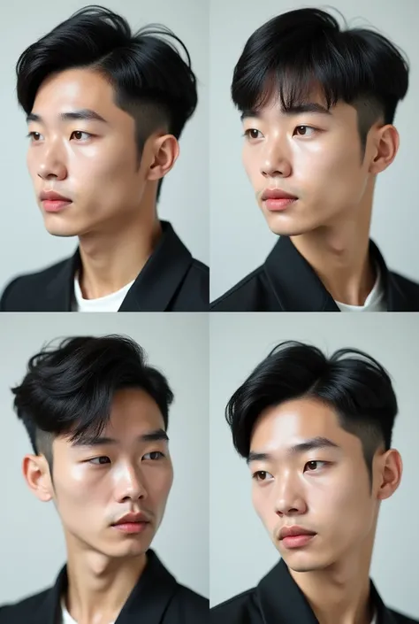 The image is a collage of four photos of a asian man with different elegant hairstyles, same face, thin face.