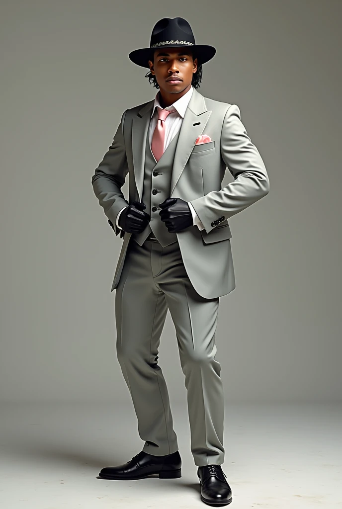 Young indigenous man dancing in a light grey suit, black hat with lead trim, baby pink tie, White shirt, black shoes and leather gloves.