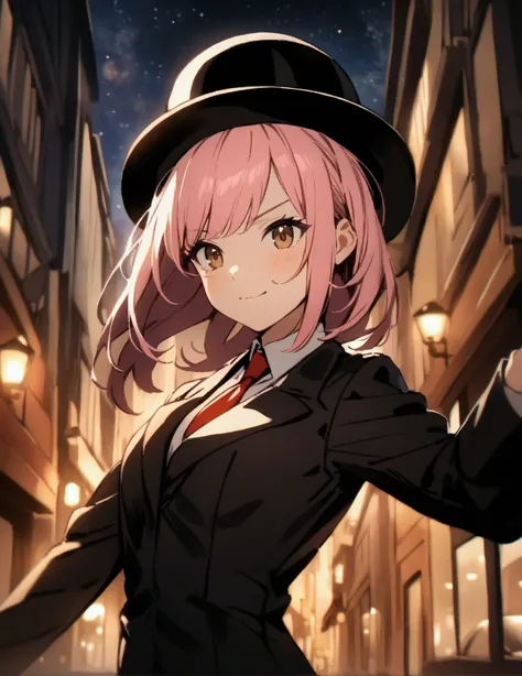 a girl with pink hair and brown eyes wearing a black suit with a red tie, black pants and a black bowler hat, ironic face, elegant pose, high resolution, cinematic lighting, warm tones, near perfect, masterpiece,street, city, buildings, starry sky