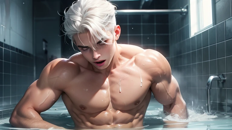 A young boy with white hair，fair skin，handsome，The triangle briefs are wet, so I took half of them off.，裸上半身Soaked in milk，Showing six-pack abs and chest muscles with water droplets on them，Soaked in milk，纖細長腿Soaked in milk，The bottom highlight is very lar...