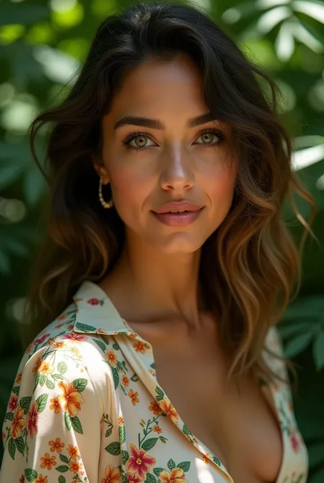 A Brazilian woman in a lush tropical garden, wearing an open shirt with a floral print, with a close-up capturing the harmonious beauty between her breasts and the natural flowers, showing off your natural charm and outgoing personality.