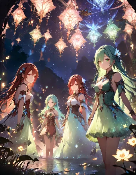 Highest quality、masterpiece、Very detailed、Finely detailed、High resolution、8k wallpaper、Fine and beautiful eyes、Red Haired Girl、Blue Hair Girl、Green-haired girl、Three girls、Fantasy、Countless firefly-like lights are flying