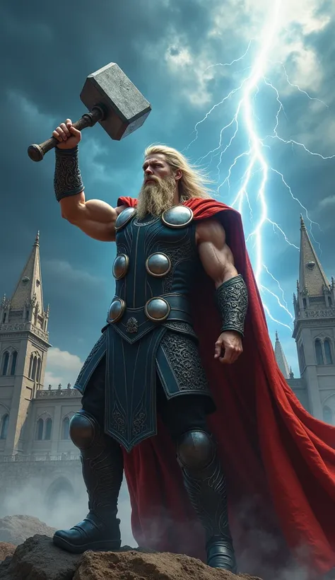 2-Thor, a powerful god controlling storms, Norse mythology, dressed in battle armor with Mjolnir raised high, Asgard, protecting the realm of gods and humans from chaos, with dark clouds and thunder in the background, wide-angle shot, hyper-realistic, phot...