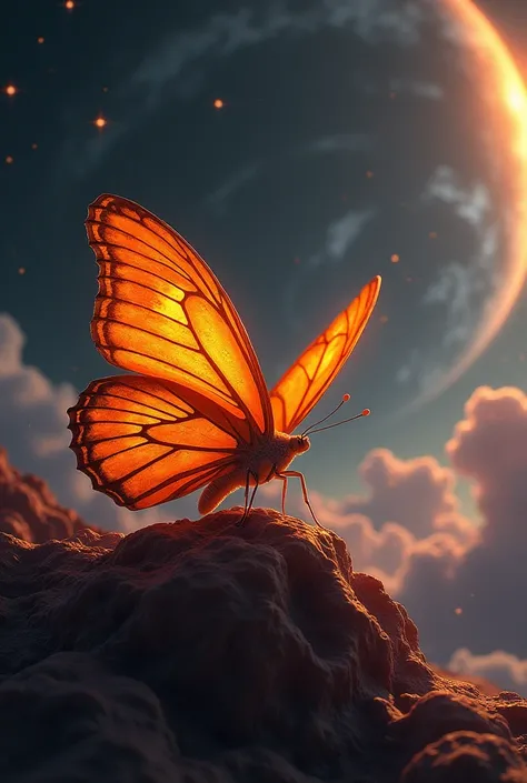 Orange butterfly in space perched on a planet in realistic style