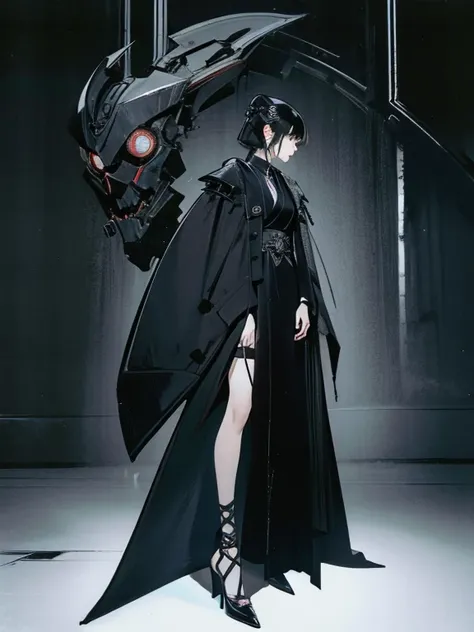 Black Hair、Cold look:1.5、Japanese woman in her 30s、Dark Background、One Cool Lady:1.5、night、whole photo、Dark Eyes、Black gloves、Ominous Machine Lifeform、Nihil、Half of his body is made of machinery、Mechanical Man:1.5、Gothic Fashion:1.5、High heels、neutral。Myst...