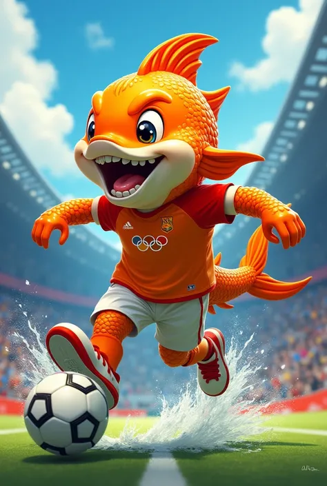 Olympic mascot that is a fish with a football shirt