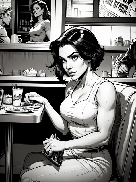 black and white comic book image of a woman sitting in a diner talking with her boyfriend