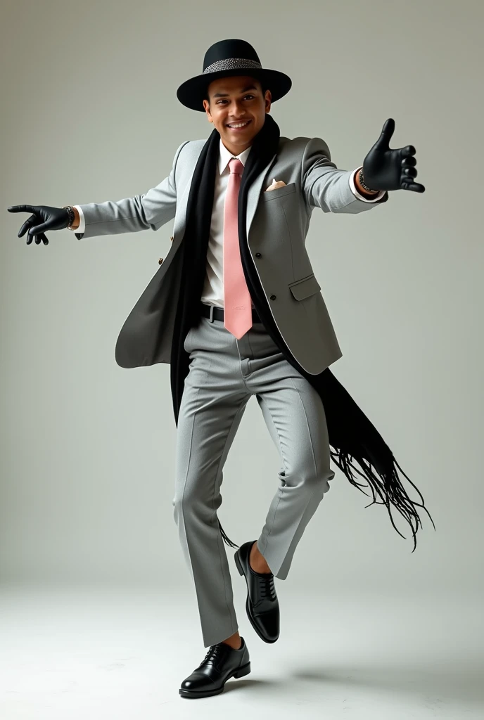 Young indigenous man dancing in a light grey suit, black hat with lead trim, baby pink tie, White shirt, and black scarf, black shoes and leather gloves.