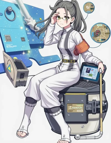 anime girl wearing glasses with ponytails sitting on machine with laptop and space in background, (ponytail forehead hair pulled back:1.3), (black hair:1.3), anime girl of the future, alchemist girl, labcoat, portrait anime space cadet girl,anime style, fr...