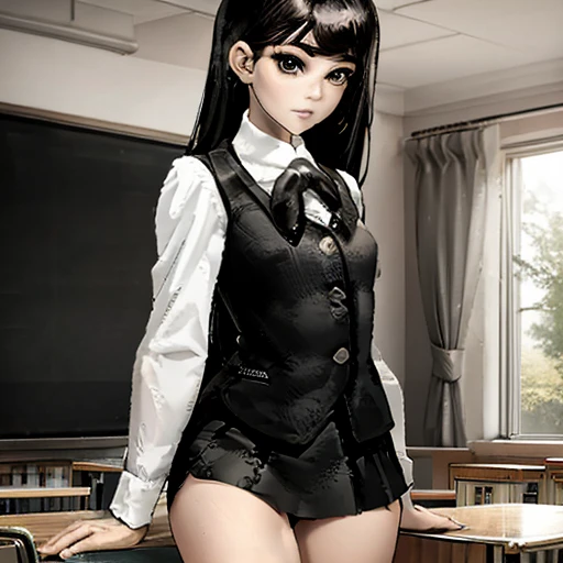 masterpiece, high quality, girl in school skirt and white tights, beautiful figure, slender legs, thin waist, black hair, shirt & vest, stands in the classroom, sexy legs